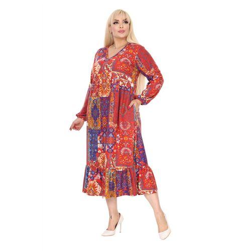 Melsay Butik Kışlık Robalı Yumoş Uzun Kollu Kırmızı Etnik Desen Elbise