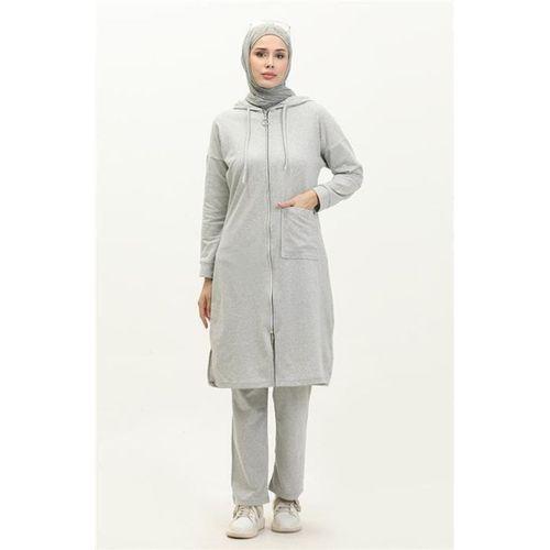 Kapşonlu Fermuarlı Yırtmaçlı Uzun Sweat Pantolon Spor İkili Takım - 03055.008 - Gri