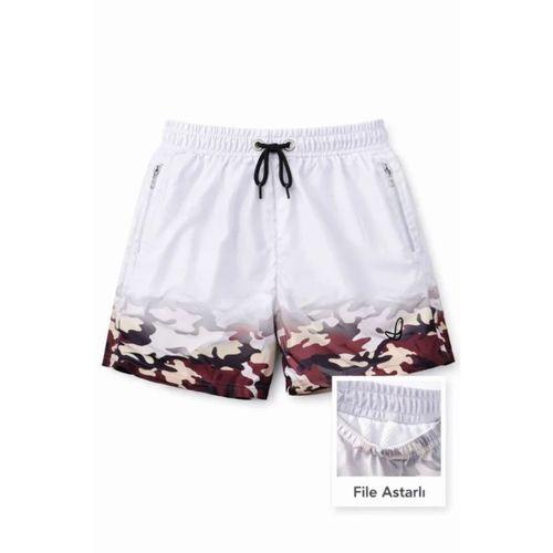 Deniz Şortu Fermuarlı Cepli File Astarlı Hızlı Kuruyan Premium - Beyaz