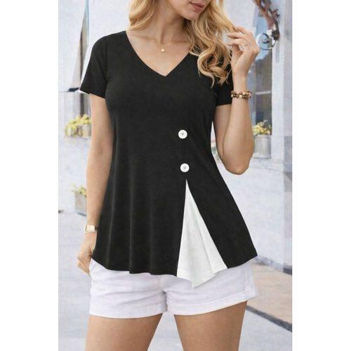 Kadın Kısa Kollu Asimetrik V Yakalı Düğme Detaylı Viskon Bluz