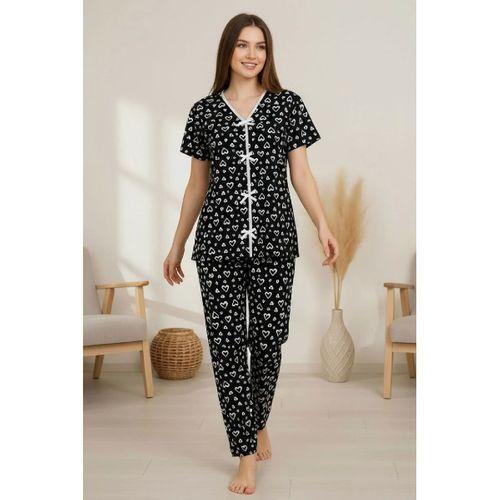 Kadın Siyah Kalp Desenli Fiyonk Detaylı Kısa Kollu Uzun Pijama Takımı Premium Ev Giyim