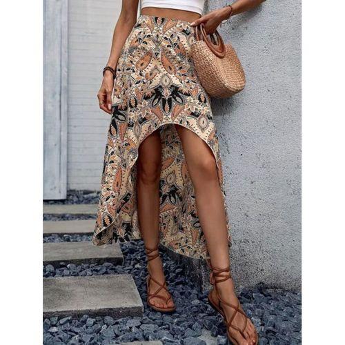 Kadın Yüksek Bel çiçek Desenli önü Asimetrik Detaylı Uzun Süprem Etek