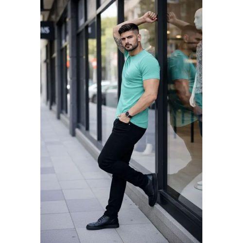 Erkek T-Shirt Bisiklet Yaka Slim Fit Dar Kesim Likralı Tişört Günlük Basic Body - Turkuvaz