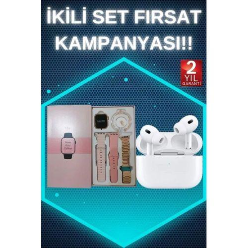 3 Kordonlu Pembe Amoled Ekran Akıllı Saat Ve Yeni Nesil Pro Kablosuz Bluetooth Kulaklık Anc/enc