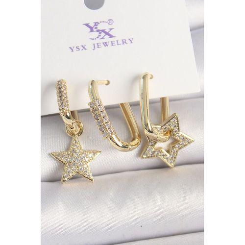 Pirinç Gold Renk Sallantı Zirkon Taşlı Yıldız Model 3'Lü Kadın Kombin Küpe - TJ-BKP10443