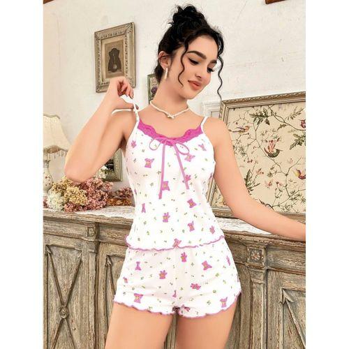 Kadın Beyaz Gül Ve Vişne Desenli Şortlu Gecelik Takım 5113