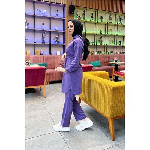 Kapşonlu Fermuarlı Belden Bağlamalı Sade Basic İkili Spor Takımı - 03070.207 - Koyu Lila