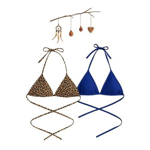 Leopar Desenli Ve Mavi Detaylı Üçgen Bikini Üstü Minimal Kesim Bağlamalı Kadın Mayo Üstü 2'li