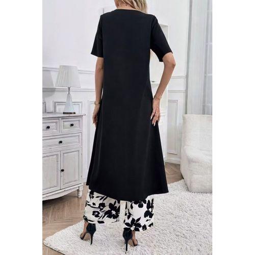 Kadın Kısa Kollu önden çapraz Detaylı Viskon Uzun Bluz Ve Desenli Iki Iplik Pantolon Ikili Takım