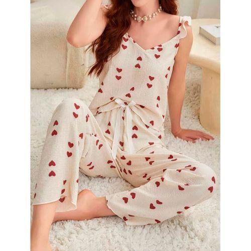Kadın Ekru Kırmızı Kalp Desenli Yumuşak Pamuklu Uzun Pijama Takımı 5136