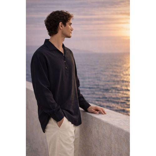 Baldwin Apaş Yaka Britli 3 Düğmeli İnce Modal Kumaş Oversize Uzun Kollu Yazlık Erkek Gömlek - Siyah