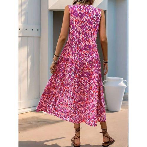 Kadın Askılı Yakası Fırfırlı Bağcıklı Desenli Uzun Süprem Elbise