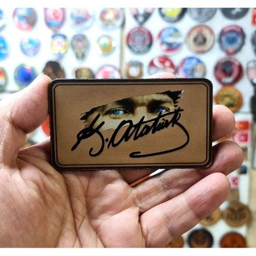 Atatürk Deri Peç - Arkası Cırtlı - 9 cm x 5 cm - Mavi Göz - Atatürk İmza - Leather Patch