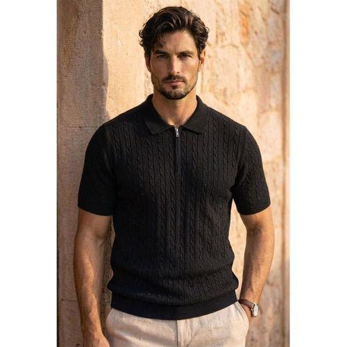 Burke Saç Örgü Yarım Fermuarlı Kısa Kollu İnce Triko Erkek T-Shirt - Siyah