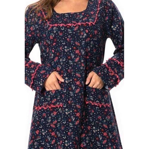 Uzun Kol Firdevs Kare Yaka Cep Detaylı Kısa Kışlık Pazen Elbise Çiçek Desen Lacivert Lcvt