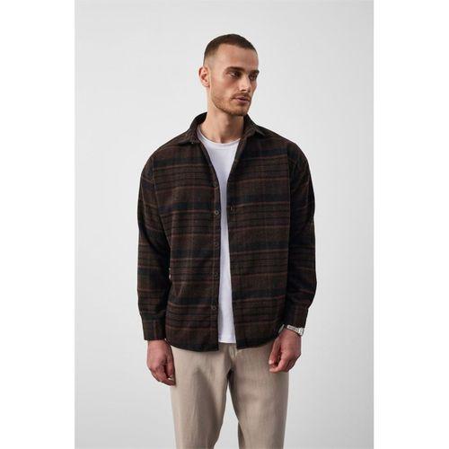 Brandon Relaxed Fit Pamuklu Geniş Çizgili Oduncu Erkek Gömlek - Kahve