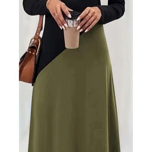 Kadın Uzun Kollu V Yakalı Blok Desenli Viskon Elbise