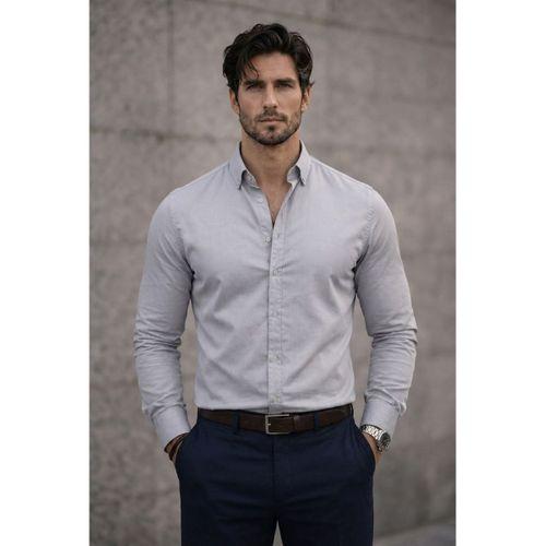 Likralı Regular Fit Nefes Alabilir Klasik Erkek Oxford Gömlek -Taş