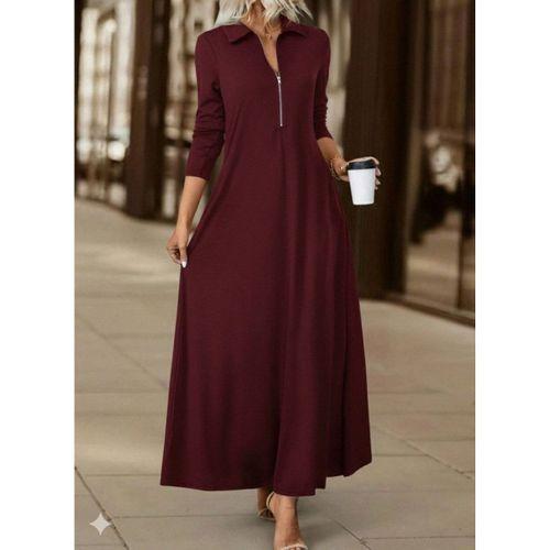 Kadın Uzun Kollu Yakalı önden Fermuarlı Uzun Viskon Iki Iplik Elbise