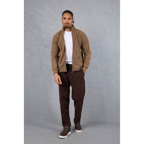 Ron Selanik Örme İçi Peluş Çift Fermuarlı Dik Yaka Erkek Hırka Sweatshirt - Vizon