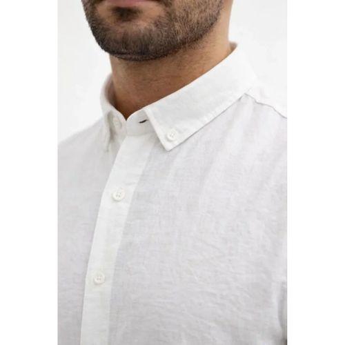 Erkek KETEN Kumaş Oversize Uzun Kollu Rahat Kalıp Gömlek - Beyaz