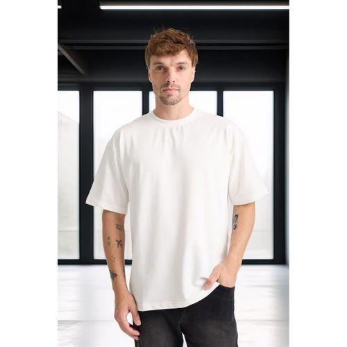 İki İplik Kumaş Pamuklu Bisiklet Yaka Basic Oversize Erkek T-Shirt - Ekru