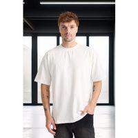 İki İplik Kumaş Pamuklu Bisiklet Yaka Basic Oversize Erkek T-Shirt - Ekru