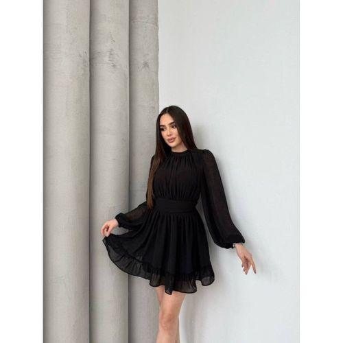 Kadın Yarım Balıkçı Yaka Kolları Transparan Astarlı Full şifon Elbise