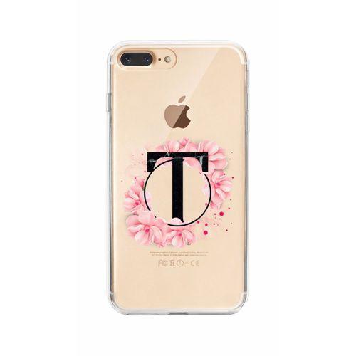 iPhone 7 Plus Pembe Çiçek Desen T Harfli Şeffaf Kılıf