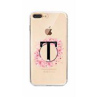 iPhone 7 Plus Pembe Çiçek Desen T Harfli Şeffaf Kılıf