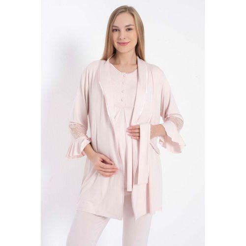 Kısa Kol Bisiklet Yaka Kadın Viskon Dantel Detaylı Hamile Pijama Takımı Sabahlık