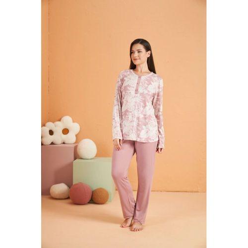 Pjs 28016 Kadın Uzun Kol Yarı Patlı Desenli Pijama Takım