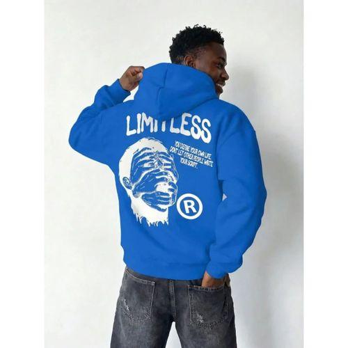 Erkek Premium Baskılı Kapşonlu Sweatshirt Üç İplik İçi Pamuklu Kanguru Cepli - Saks Mavisi