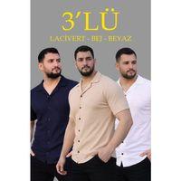 Erkek Waffle Dokuma Açık Yakalı Düğmeli Regular Kalıp 3’lü Gömlek Seti - Bej, Beyaz, Lacivert