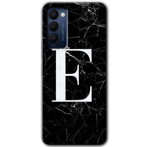 Tecno Camon 18P Kılıf HD Desen Baskılı Arka Kapak - Siyah Mermer Desenli E Harfi + Kırılmaz Cam