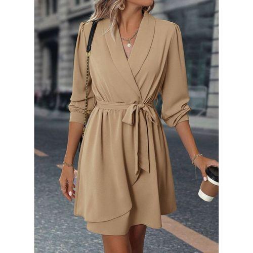 Kadın Uzun Kollu Kruvaze Yakalı Belden Kuşaklı Mini çift Katlı Ithal Krep Elbise