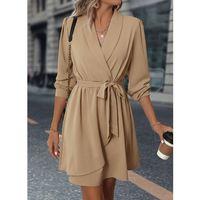 Kadın Uzun Kollu Kruvaze Yakalı Belden Kuşaklı Mini çift Katlı Ithal Krep Elbise