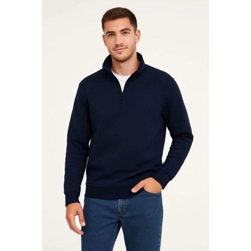 Erkek Dik Yaka Sweatshirt Dik Yaka Yarım Fermuarlı 3 İplik Şardonlu Pamuk Kumaş - Lacivert