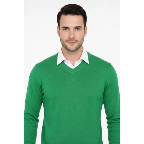 Erkek V Yaka Triko Kazak Yumuşak Dokulu Pamuklu Ince Dokuma, Uzun Kollu Rahat Regular Kalıp - Çimen Yeşili