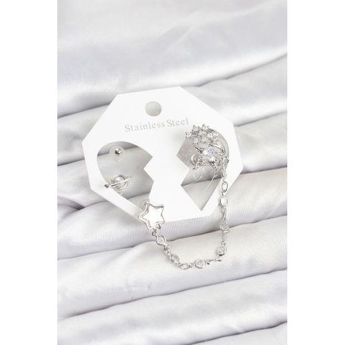 Pirinç Gümüş Renk Yıldız Model Zincir Bağlantılı Ear Cuff Küpe Seti
