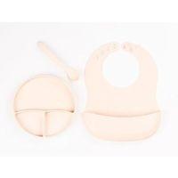 Krem Rengi 3’lü Silikon Yemek Seti – Önlük + Diş Kaşıyıcılı Kaşık + Vakumlu Tabak