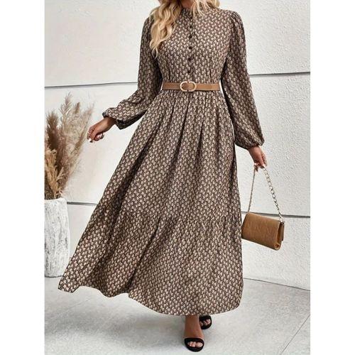 Kadın Uzun Kollu Hakim Yakalı Düğmeli Kemersiz Desenli Maxi Süprem Elbise
