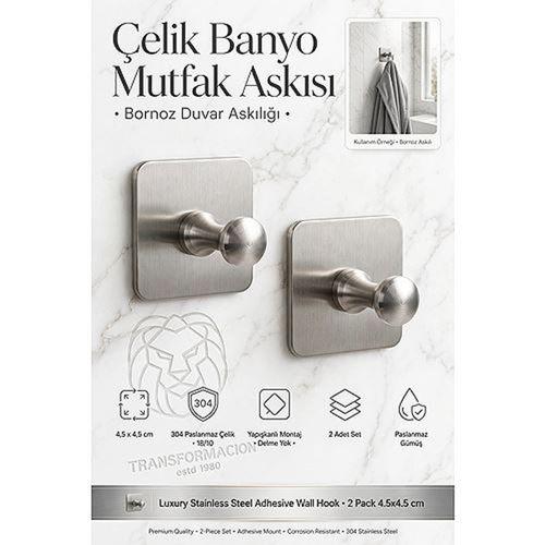 2'li Set 304 Paslanmaz Çelik Yapışkanlı Banyo Havluluk Mutfak Askısı Gümüş Bornoz Duvar Askılığı 4,5x4,5 cm 723452