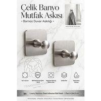 2'li Set 304 Paslanmaz Çelik Yapışkanlı Banyo Havluluk Mutfak Askısı Gümüş Bornoz Duvar Askılığı 4,5x4,5 cm 723452
