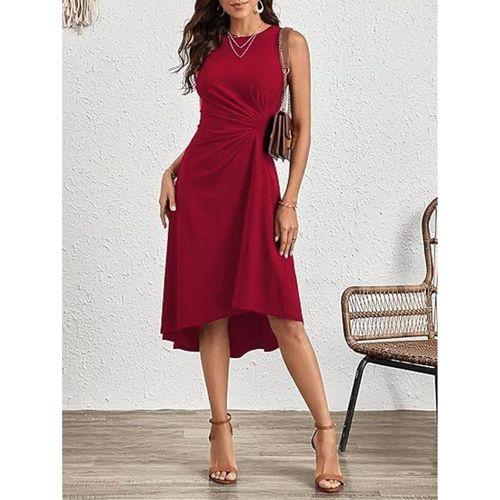 Kadın Sıfır Kollu Bisiklet Yaka Büzgülü Asimetrik Kesim Detaylı Janjan Krep Elbise