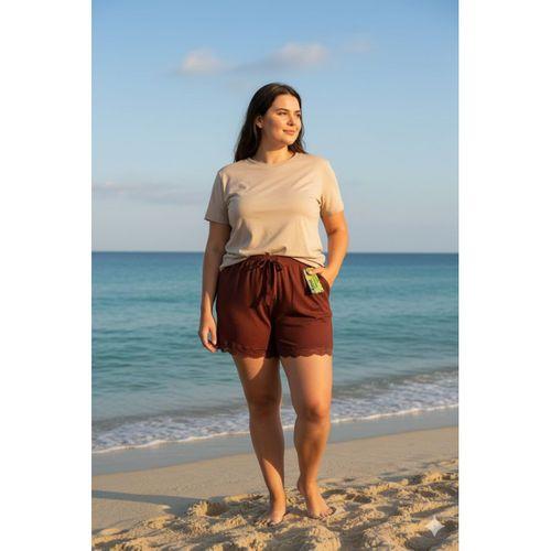 Bambu Fitilli Kadın Ev Şortu Bacak Dantel Detaylı Ev Giyim Koyu Taba