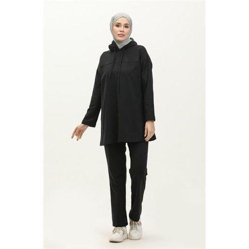 Kapşonlu Sweat Eşofman Sade Basic Spor Takım - 03056.003 - Siyah
