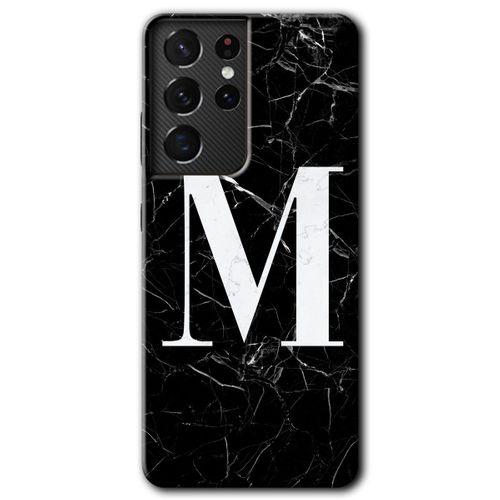 Samsung Galaxy S21 Ultra Kılıf HD Desen Baskılı Arka Kapak + Temperli Cam - Siyah Mermer Desenli M Harfi
