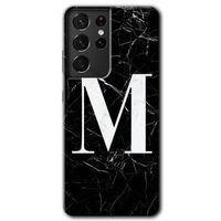 Samsung Galaxy S21 Ultra Kılıf HD Desen Baskılı Arka Kapak + Temperli Cam - Siyah Mermer Desenli M Harfi