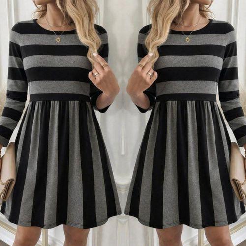 Kadın Uzun Kollu Bisiklet Yaka çizgili Desen Detaylı Süprem Mini Elbise
